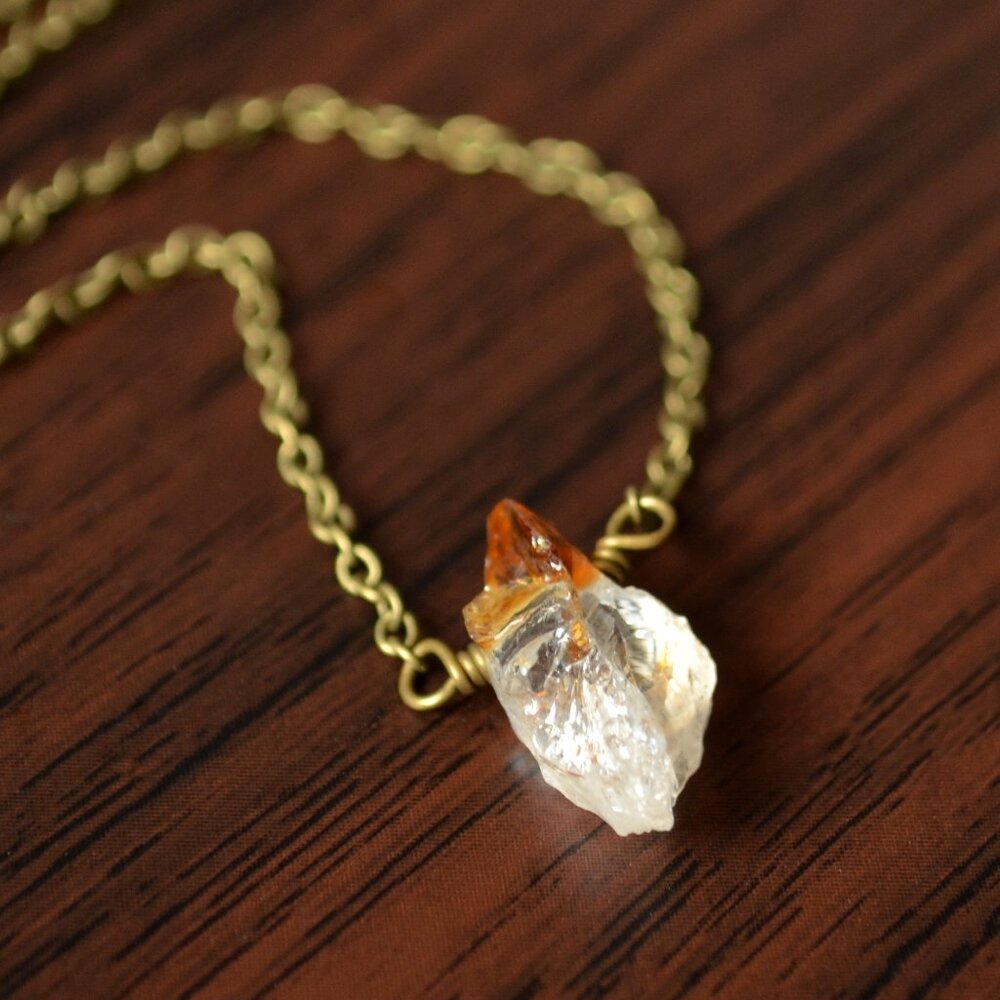 Dainty Raw Citrine Gemstone Necklace in Antiqued Brass
